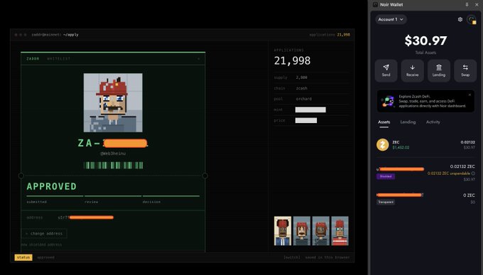 The image shows a Zcash (ZEC) transaction application interface titled "ZA-1" with a "DEPOSIT" status and "APPROVED" indicator, displaying 21,998 zcash supply and pixel art character previews. On the right, a Noir Wallet panel shows a $30.97 total balance with active assets including ZEC. The interface relates to the post by illustrating the official Zcash address modification tool (referencing @zaddrnet) alongside the wallet used to manage ZEC transfers and balance inquiries.