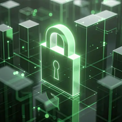 A 3D digital illustration of a glowing green padlock surrounded by transparent server towers and computer monitors, symbolizing cybersecurity or data protection.
