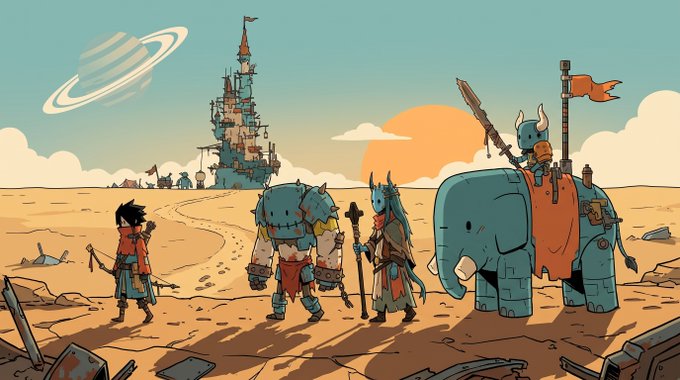 An illustrated fantasy scene showing four warriors—an archer, a brute, a mage, and a rider on an armored elephant—facing a tall, ramshackle fortress in a desert landscape with a ringed planet in the sky.