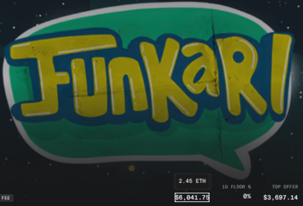 A colorful logo reading "FUNKARI" in yellow bubble letters against a teal speech bubble background, with crypto metrics displayed below showing "2.45 ETH" and "$6,041.79" plus a top offer of "$3,697.14".