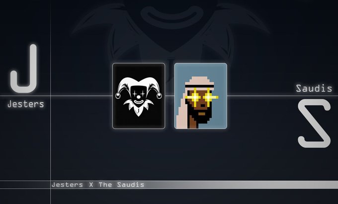 A dark promotional graphic announces a collaboration between Jesters and The Saudis NFT projects, featuring the "J" Jesters logo on the left and "S" Saudis logo on the right, with their respective pixel-art and jester-skull icons displayed in the center above the text "Jesters X The Saudis."
