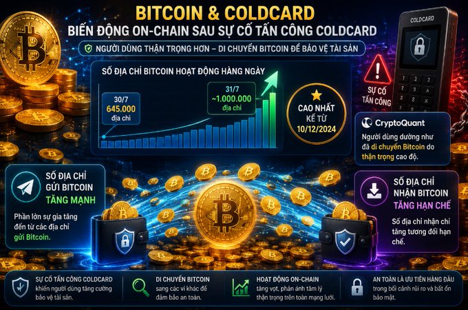 A Vietnamese infographic titled 'BITCOIN & COLDCARD' discussing on-chain movements following a Coldcard incident, noting that active Bitcoin addresses increased from 645,000 to approximately 1,000,000 by 31/7.