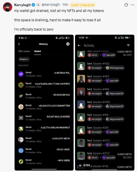 A tweet from Kerrylegit (@kerrylegit) reads 'my wallet got drained, lost all my NFTs and all my tokens / this space is draining, hard to make it easy to lose it all / I'm officially back to zero,' showing wallet history of tokens sent to address 0xc2wa...431a and activity log of Solibio NFT transfers.