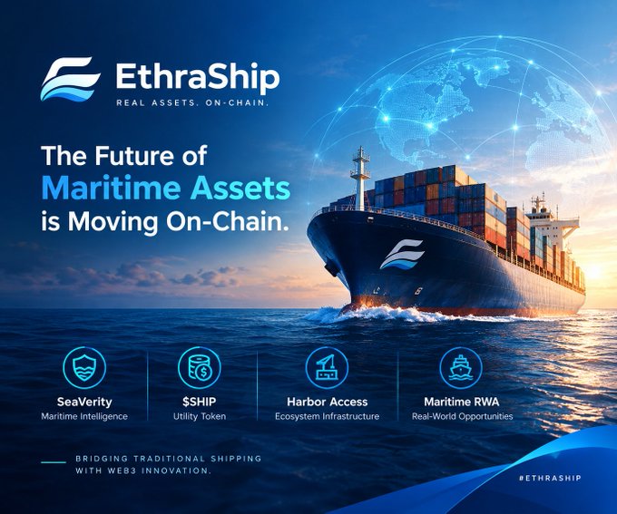 A promotional banner for EthraShip titled 'The Future of Maritime Assets is Moving On-Chain,' featuring a container ship and highlighting SeaVerity, $SHIP, Harbor Access, and Maritime RWA services.
