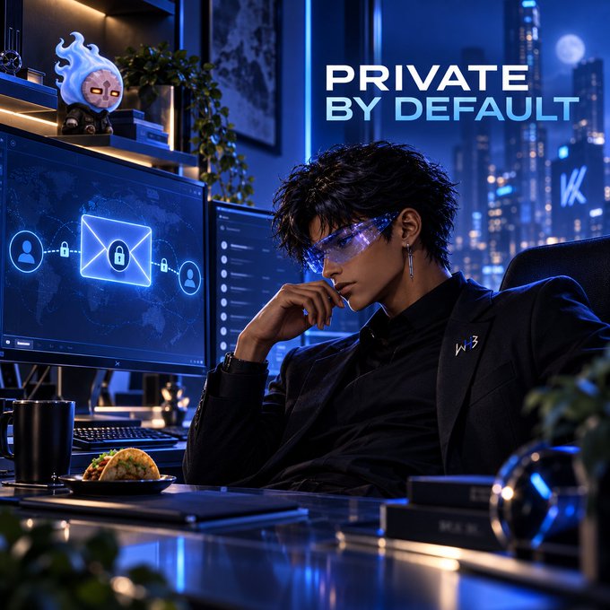 A stylized digital artwork showing a young man with futuristic glasses sitting at a desk with computer monitors displaying email security icons, with the text 'PRIVATE BY DEFAULT' overlaid on a cyberpunk cityscape background.