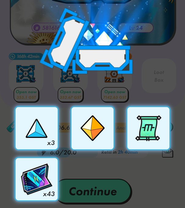 A mobile game rewards screen displays obtained items including crystals, a token, and cards with a green 'Continue' button at the bottom.