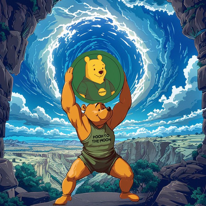 An illustration of a muscular bear wearing a 'Pooh to the Moon' tank top, lifting a large coin featuring Winnie the Pooh above its head in a dramatic stance against a swirling sky and canyon landscape.