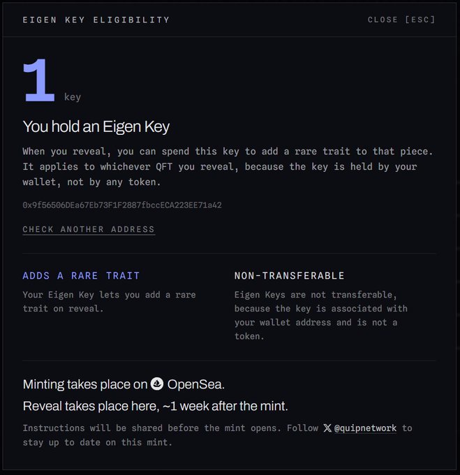 An 'Eigen Key Eligibility' screen showing the user holds 1 key for a QFT mint on OpenSea, explaining the key is non-transferable and adds a rare trait upon reveal.