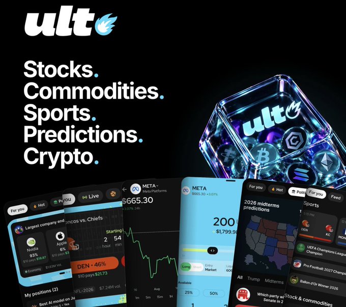 The image is a promotional graphic for "Ult" featuring the platform's flame logo and listing its five main features: "Stocks. Commodities. Sports. Predictions. Crypto." Below the text, five overlapping mobile app screens showcase various functionalities, including a trading interface showing "META" at $665.30, sports betting with NFL odds (e.g., "DEN -46%"), stock predictions, and a "2026 midterms predictions" map. A transparent cube containing cryptocurrency logos like Bitcoin and Ethereum sits on the right, reinforcing the crypto theme. This directly ties to the accompanying post about relaunching Crypto.com's Onchain Wallet as Ult, highlighting the new platform's expansion beyond just crypto into stocks, commodities, sports, and predictions.