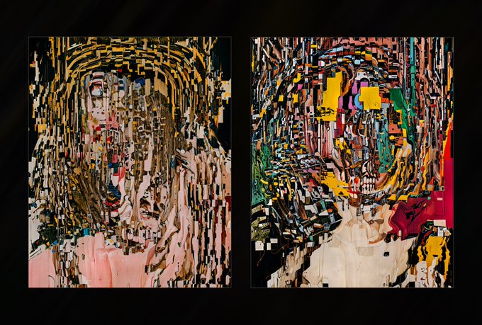 The image displays two vibrant, glitch-art style digital portraits side by side, featuring distorted faces rendered in pixelated, fragmented colors with yellow, pink, and multicolored pixel blocks—matching the post's announcement of new artwork releases on the SuperRare NFT platform. The abstract, mosaic-like compositions showcase the artist's signature style of deconstructing human figures through digital corruption effects.