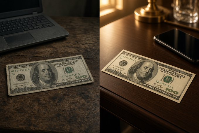 A split image showing two $100 bills featuring Benjamin Franklin on different surfaces: one on a textured stone-like surface next to a laptop, and another on a wooden surface next to a smartphone.