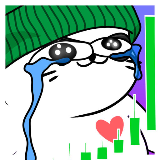 A cartoon illustration of a crying character with large glossy eyes wearing a green beanie, with a green candlestick chart showing an upward trend and a red heart in the corner.