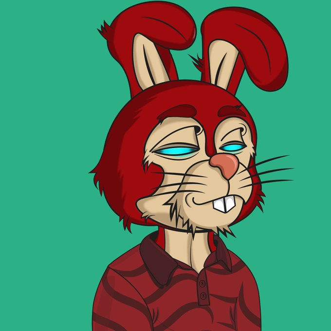 An illustration of an anthropomorphic red rabbit character with large droopy ears, blue eyes, a small fang showing, wearing a red striped polo shirt against a teal background.