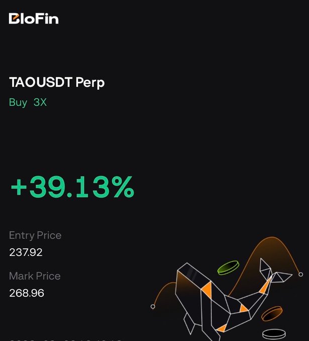 The image is a screenshot from BloFin showing a long (Buy 3X) leveraged perpetual position on TAOUSDT (TAO), with a profit of +39.13%, an entry price of 237.92, and a current mark price of 268.96, accompanied by the post "let the printing begin ✍️," humorously celebrating the gains made on the Bittensor token trade.