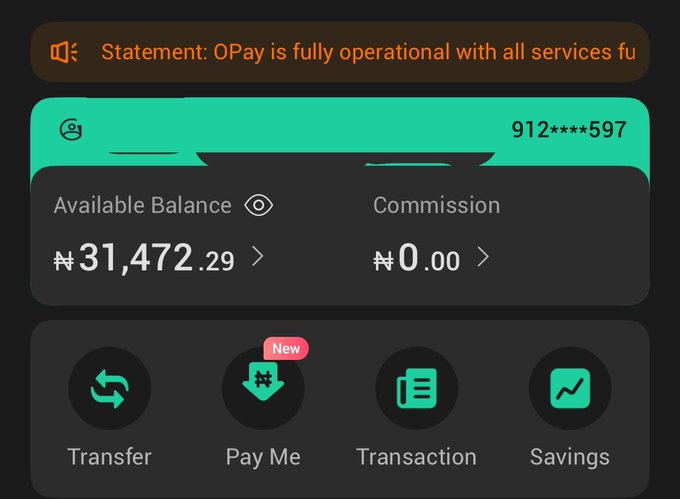 The image shows an OPay account dashboard displaying an available balance of 31,472.29 and commission of ₦0.00 for account number 912\*\*\*\*597, with quick-action icons for Transfer, Pay Me, Transaction, and Savings—visually supporting the post's boast of "made sweet $30k" by showcasing the wallet's earnings.