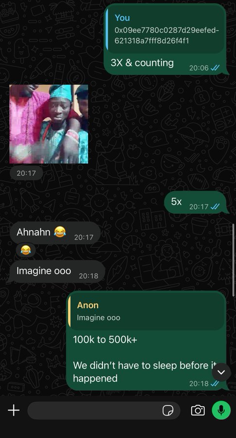 A WhatsApp chat screenshot showing messages about a 3x to 5x gain, with reactions 'Ahnahn' and 'Imagine ooo', and someone commenting '100k to 500k+ We didn't have to sleep before it happened'.