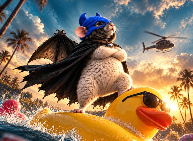 An AI-generated image of a hamster wearing a blue superhero mask and a black cape, riding a large yellow rubber duck wearing sunglasses through water at sunset, with palm trees and a helicopter in the background.