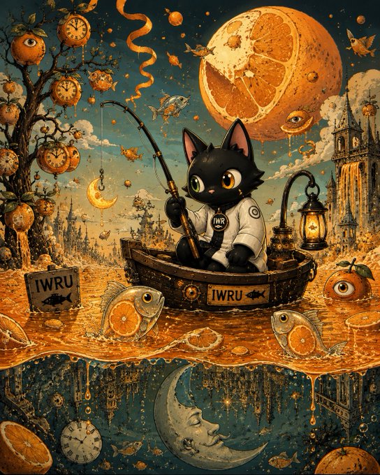 A whimsical illustration of a black cat in a boat labeled 'IWRU' fishing in orange-juice seas, with a giant orange moon, clock-adorned tree, and surreal scenery.