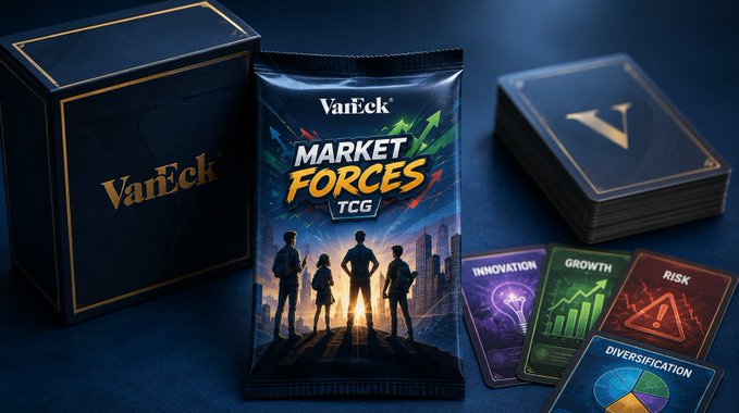 A product showcase for 'VanEck Market Forces TCG' trading cards, featuring a booster pack with superhero imagery and cards labeled 'INNOVATION', 'GROWTH', 'RISK', and 'DIVERSIFICATION'.