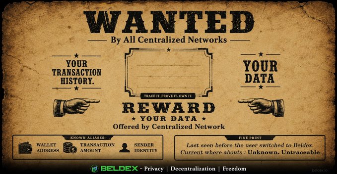 A 'WANTED' poster styled like an old Western notice, reading 'By All Centralized Networks' and offering a reward for 'YOUR DATA', with sections for 'WALLET ADDRESS', 'TRANSACTION AMOUNT', and 'SENDER IDENTITY', promoting 'BELDEX'.