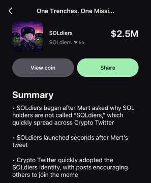 The Pumpfun app displays "$2.5M" for the "SOLdiers" coin, which launched after a tweet by "Mert" that started the "$SOLdiers" trend.