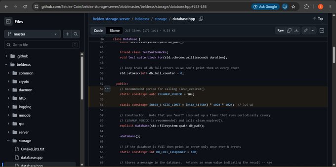 A GitHub repository page shows C++ code from the beldex-storage-server project, specifically the database.hpp file displaying the Database class with methods and constructors.