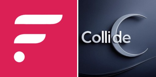 The image features a logo for FFocus v1.3 and a logo for Collide. The FFocus logo is red with white lettering, while the Collide logo is black with silver lettering. Both logos are displayed side by side on a gray background. The FFocus logo represents a new cryptocurrency called FFocus, which has been live since January 1st, 2021. It is now available for use and can be accessed through the rails users already know and trust. On the other hand, Collide is a new cryptocurrency that uses the name "Collide" in its logo. The image also includes text that reads: "FAssets v1.3 is now live and it's a major unlock for XRP holders. Direct FXRP minting now works seamlessly with the rails XRP users already know and trust."