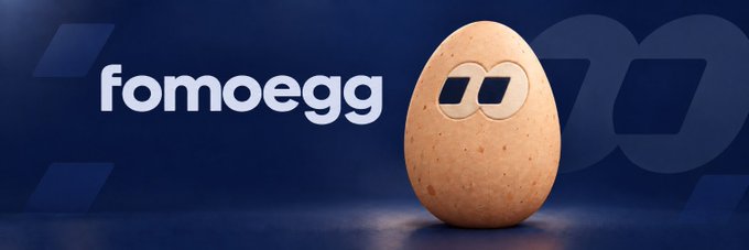 A brown egg with stylized sunglasses sits on a dark blue background beside the white text "fomoegg," visually representing the $FOMOEGG token and its meme identity of "cracking the FOMO."