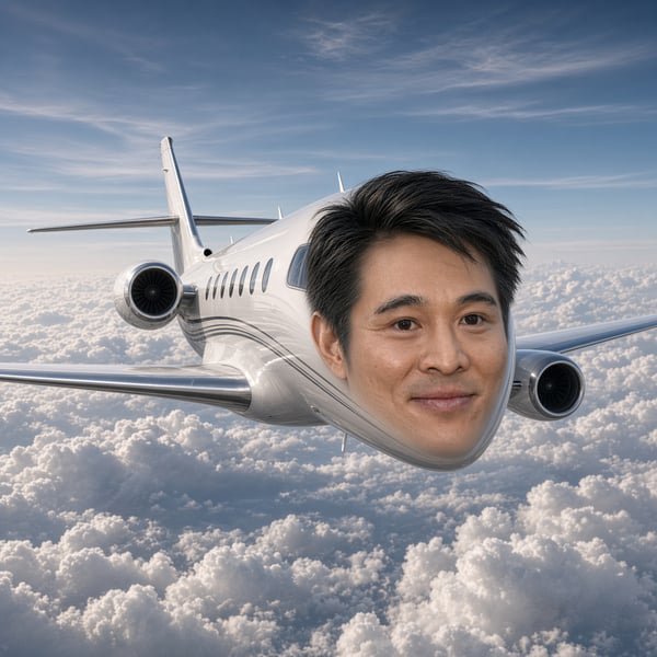 A humorous edited image showing a private jet with the face of a smiling Asian man photoshopped onto the front of the aircraft, flying above the clouds.
