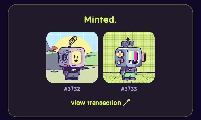 A digital NFT minting confirmation screen showing two cartoon robot characters labeled #3732 and #3733 with the text "Minted." and a "view transaction" link.