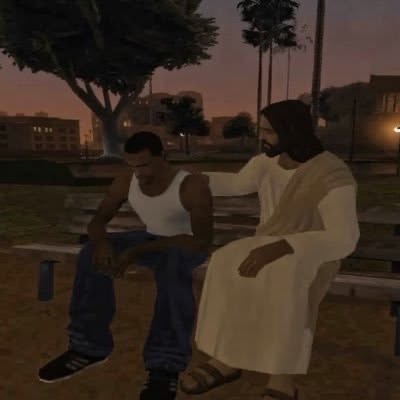 A scene from what appears to be the video game Grand Theft Auto: San Andreas, depicting two characters sitting on a park bench at dusk.