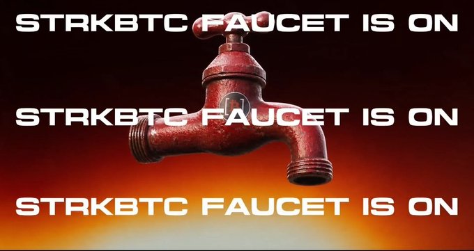 A red faucet with the text "STRKBTC FAUCET IS ON" repeated three times across the image.