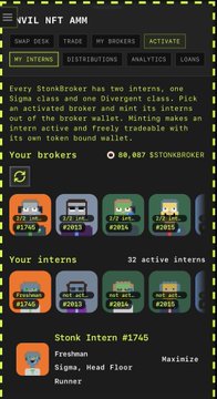 A screenshot of a fantasy football app interface labeled 'V1ZL NFT ARMY' showing tabs for 'MY INTERN' and 'MY BROKERS,' displaying intern cards like 'Stonk Intern #1745' with stats.
