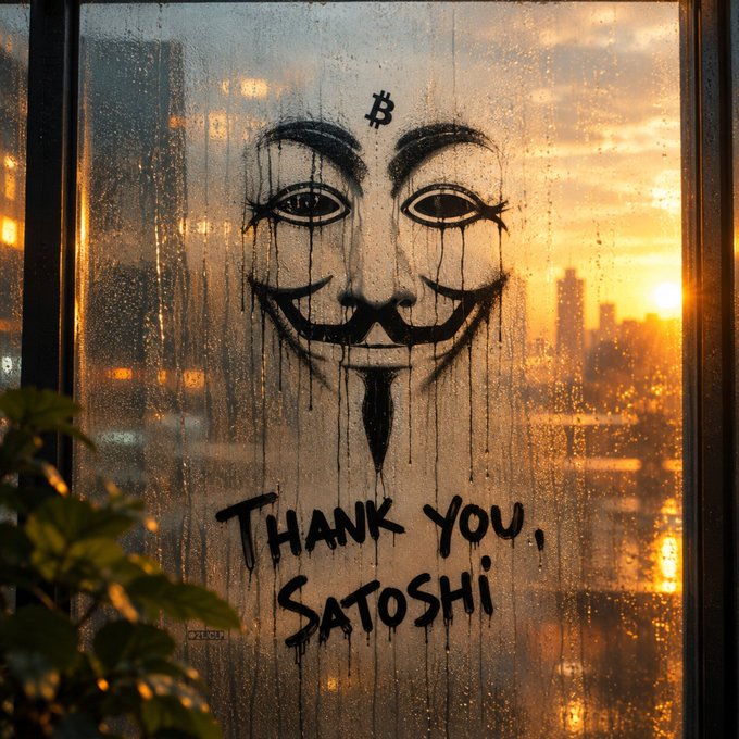 A foggy window displays a painted Guy Fawkes mask with a Bitcoin "₿" symbol on its forehead, above hand-written text reading "Thank you, Satoshi," set against a golden city skyline at sunset.