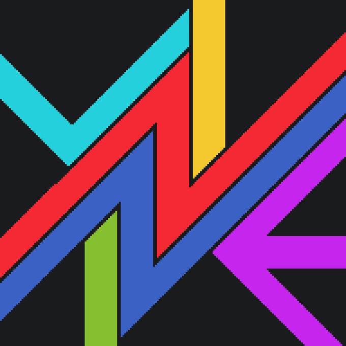 An abstract digital graphic featuring intersecting, colorful zigzag lines in red, blue, cyan, yellow, green, and purple against a black background.