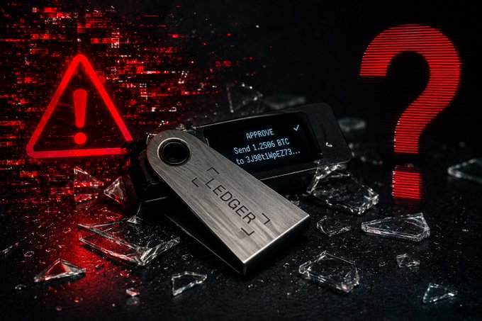A Ledger hardware wallet displays an "APPROVE" prompt for sending 1.2386 BTC to address bc1q911wpEZ73..., surrounded by broken glass and a red warning symbol with a question mark, visually emphasizing the caution around verifying on-screen transactions before signing.