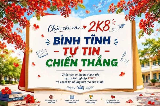 The image features a large open book sign with Vietnamese text written in both English and Vietnamese, advertising a contest for students in Vietnam. The page appears to be located outdoors under a tree filled with red flowers. It also includes an advertisement for a giveaway at 2K8th em in Vietnam.
