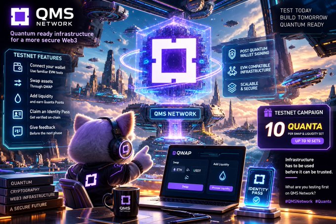A futuristic promotional graphic for "QMS Network," a quantum-ready Web3 infrastructure project, featuring a cartoon purple cat with headphones and a testnet campaign offering 10 Quanta.