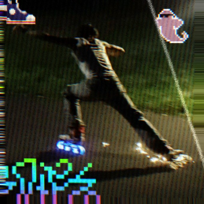 A pixelated, glitch-effect image of a figure in motion on a skateboard or hoverboard with futuristic HUD elements and abstract icons.