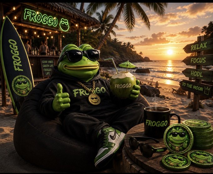 A meme-style image of a cartoon frog wearing sunglasses and a 'FROGGO' hoodie, holding a coconut drink on a beach at sunset, surrounded by FROGGO coins and signs reading 'RELAX, FOCUS, HODL, TO THE MOON'.