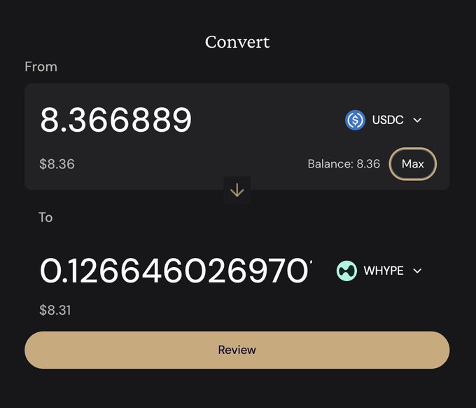 A crypto conversion screen shows swapping 8.366889 USDC (≈$8.36) for 0.12664026970 WHYPE (≈$8.31) via ether.fi Cash, with a "Review" button to confirm the trade.