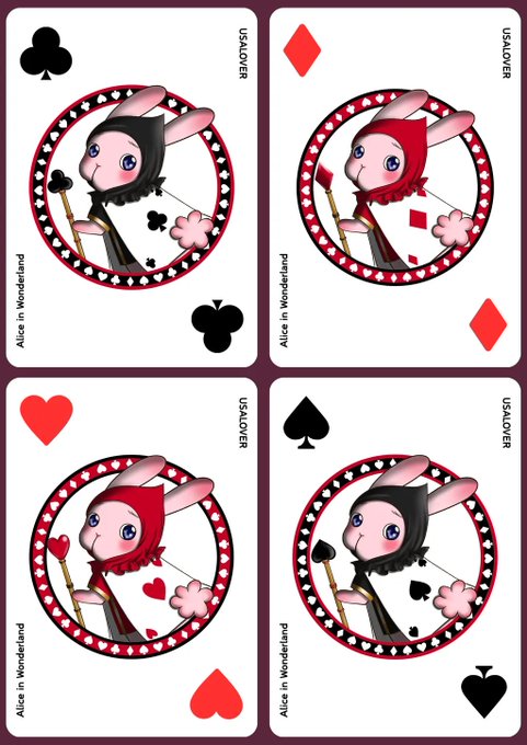 Four custom playing cards featuring a bunny character in a hood holding a brush, with text reading 'Alice in Wonderland' and 'USAUVER'.