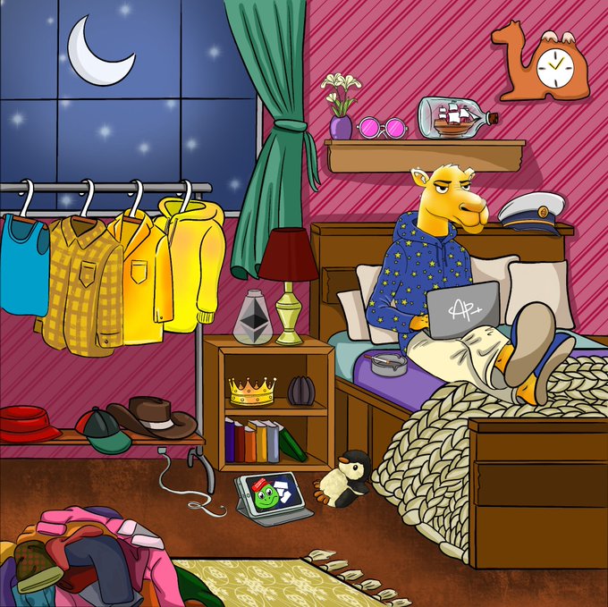 A cartoon illustration of a camel wearing starry pajamas sitting on a bed using a laptop that displays "A+", surrounded by a cluttered bedroom scene with clothes, hats, a ship in a bottle, and a D20 die on a nightstand.