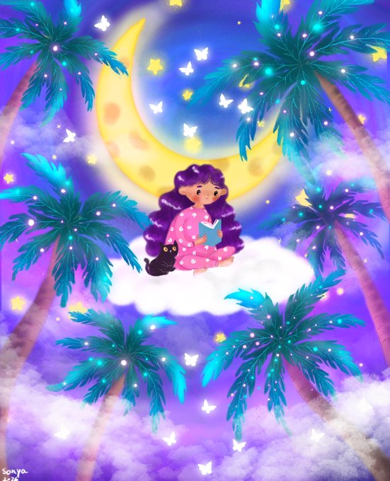 The image features a girl sitting on a cloud, reading a book while surrounded by palm trees and stars. The scene appears to be a dreamy, magical setting with a crescent moon visible above her head. The post includes text that reads "Collected 'Where Magic Rests' by @sonyaillust #tezostuesday".