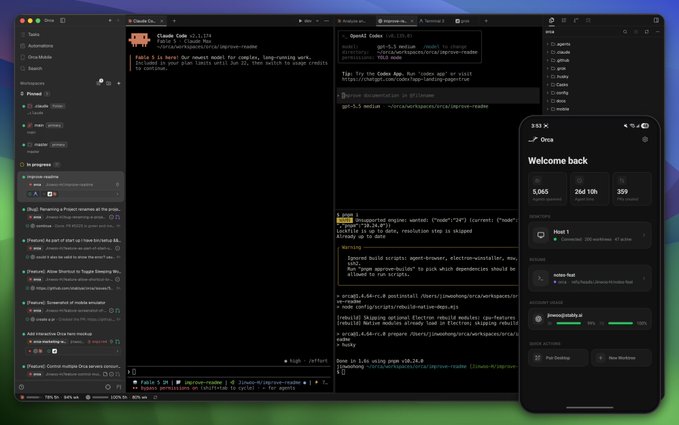 A desktop showing Claude Code v1.0.226 running in a terminal, with an iPhone displaying the Ora app's 'Welcome back' screen showing 5,065 logins.