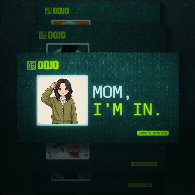 A congratulatory graphic celebrating acceptance into KGeN's Dojo Creators program, featuring an anime-style illustration of a young woman alongside the text "MOM, I'M IN." with "[ACCESS GRANTED]" displayed beneath it.