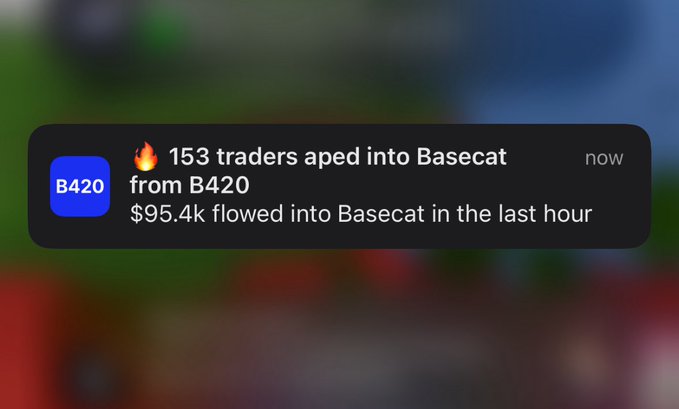 A notification from B420 reading '🔥 153 traders aped into Basecat from B420, $95.4k flowed into Basecat in the last hour' displayed over a blurred background.