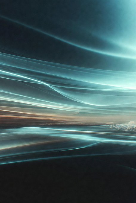 An abstract digital artwork displays flowing, luminous blue and turquoise light waves set against a dark background, resembling clouds or auroras.