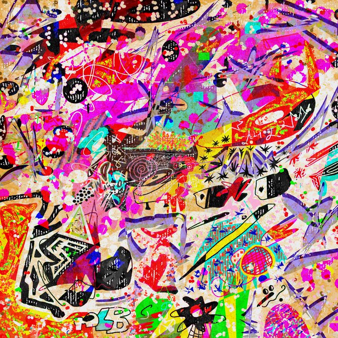 A vibrant, chaotic abstract artwork filled with neon pink, purple, yellow, and green colors, featuring graffiti-style scribbles, cartoonish eyes, and various mixed shapes and symbols.