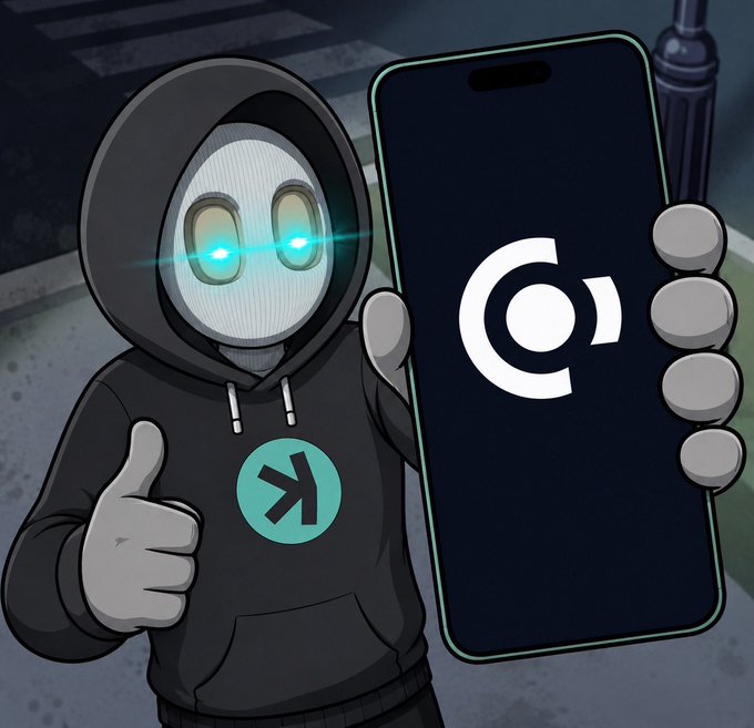 A hooded robot figure with glowing cyan eyes gives a thumbs-up while holding a smartphone displaying the Coinbase logo, complementing the post's invitation for crypto recommendations by visually representing a tech-savvy investor engaged with the cryptocurrency platform.